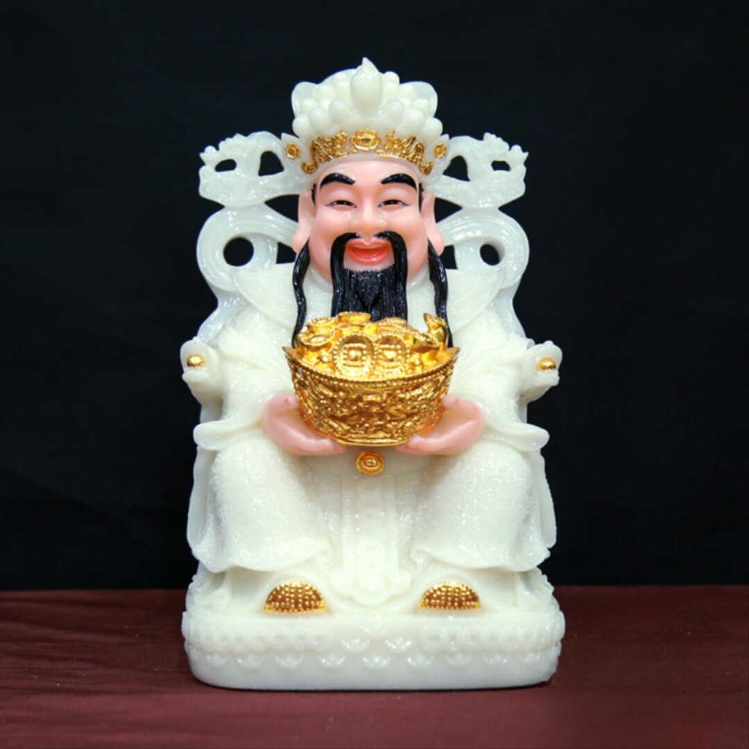 Tượng ông Thần Tài bằng đá trắng ngọc viền vàng